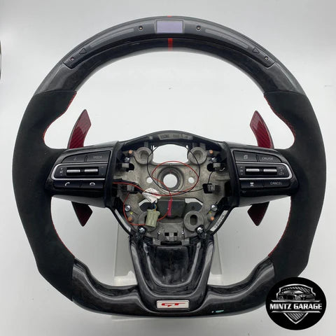 Kia Stinger custom steering wheel with forged carbon fiber, LED shift lights and red carbon fiber paddle shifters